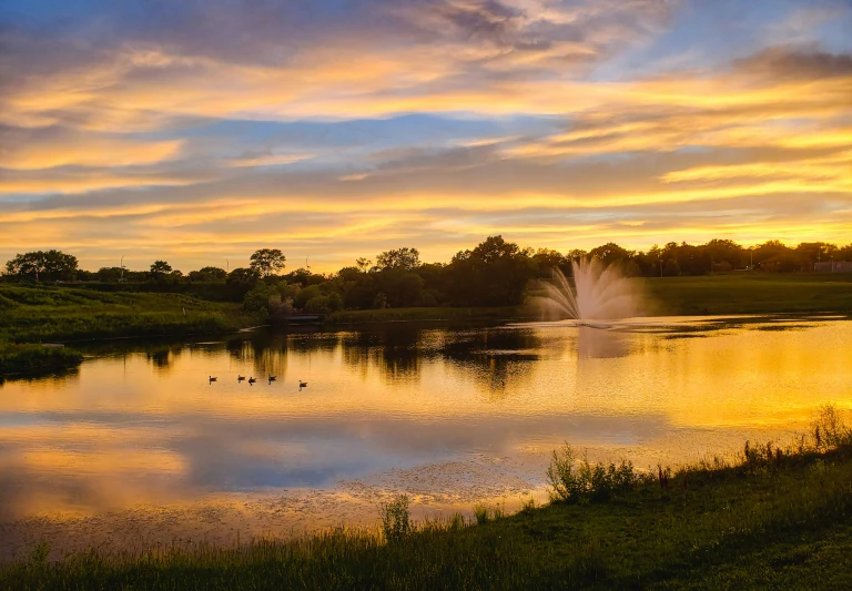 a pond with birds on it surrounded by land and a sunset