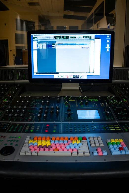 a computer and sound board sitting on top of a desk