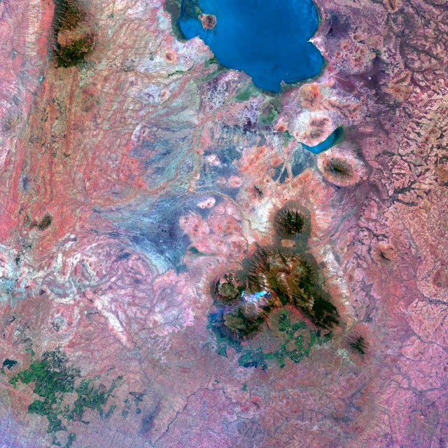 the image shows the ocean and landforms in pink