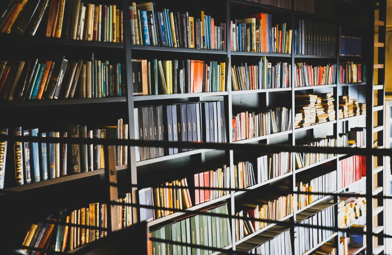 a collection of bookshelves in a liry filled with books