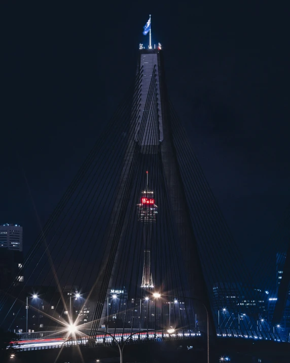 a night view of the bridge and a cityscape in the background