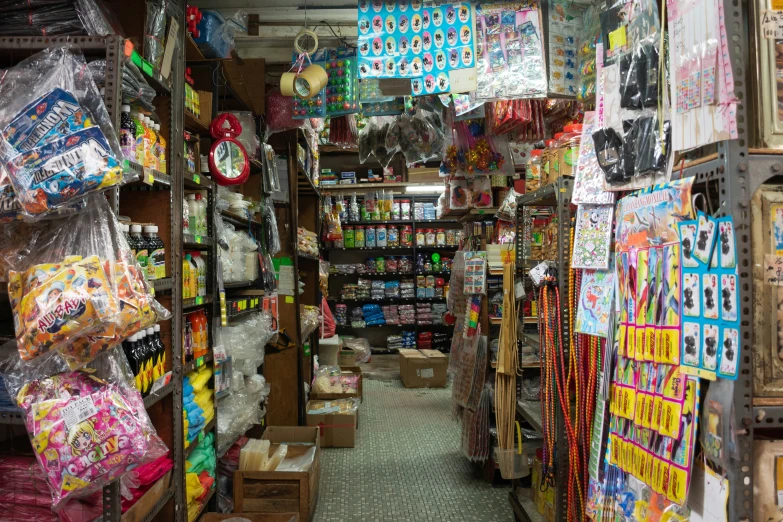 a large shop with hanging supplies on shelves