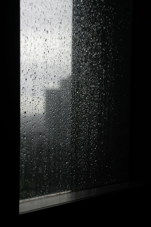 the glass door is covered in rain drops