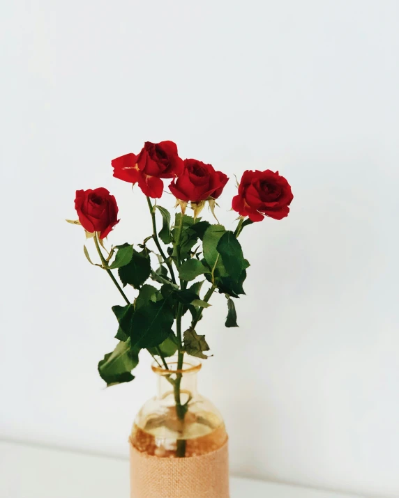 a glass vase containing red roses in the center