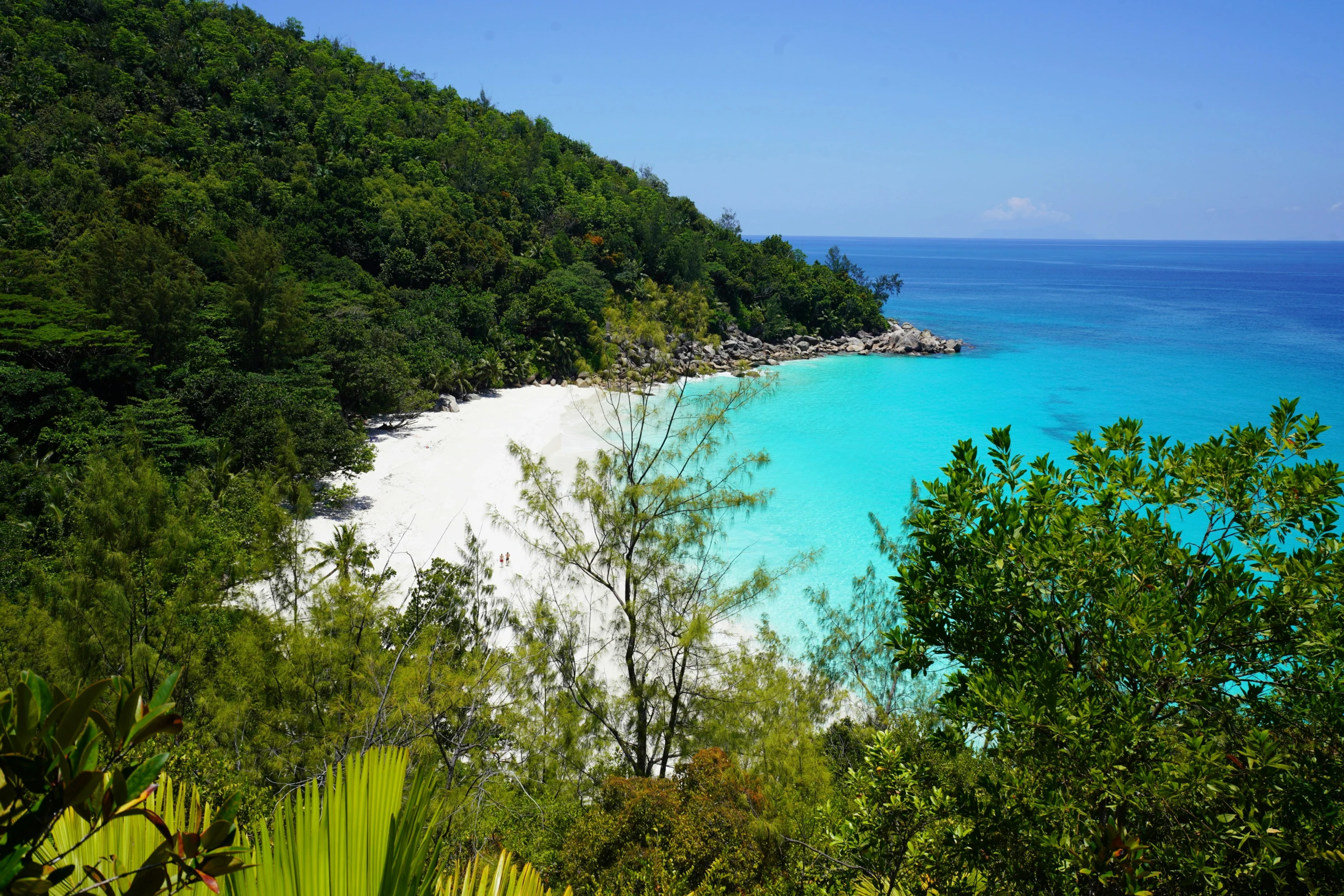 a bright blue ocean and a sandy beach