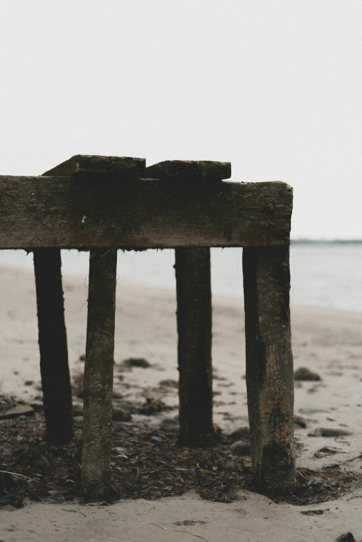 a wooden dock on the beach with water in the background