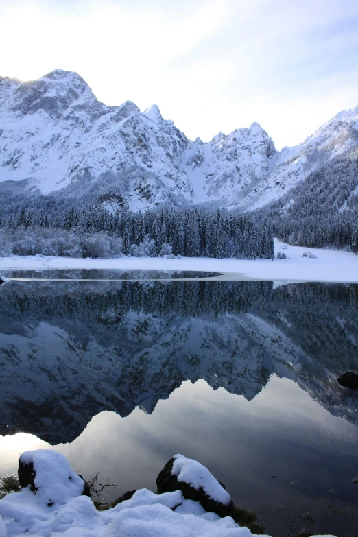 a snowy mountain lake near a forest on a cloudy day