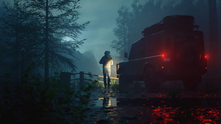 a man is standing at a stop sign next to a truck at night in the rain