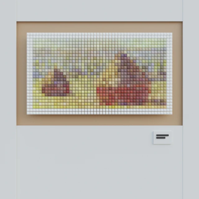 picture hanging on wall with cross stitch squares