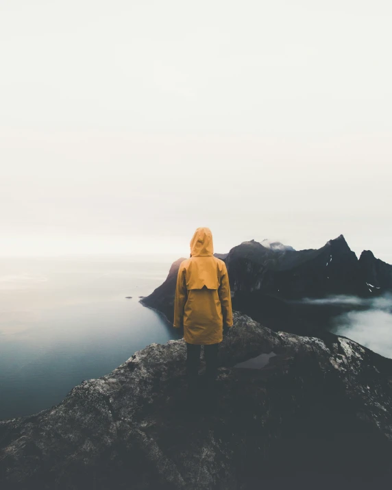 a person in a yellow coat standing on top of a mountain