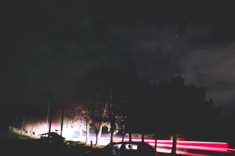 a road next to some trees covered in dark fog