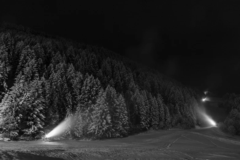 a man skiing through the dark woods on a night