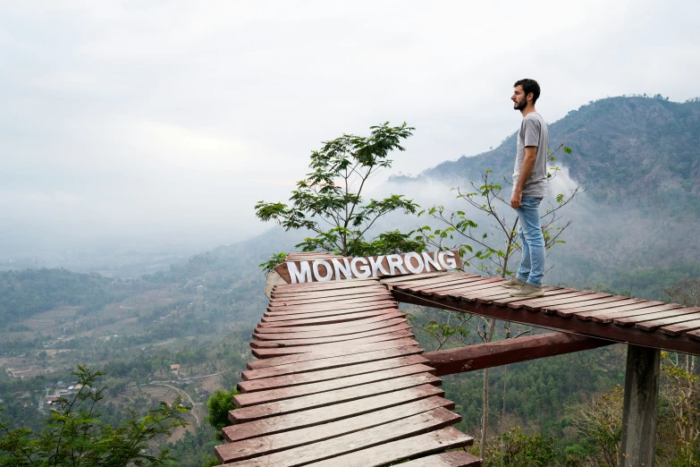 a man stands on a bridge overlooking mountains