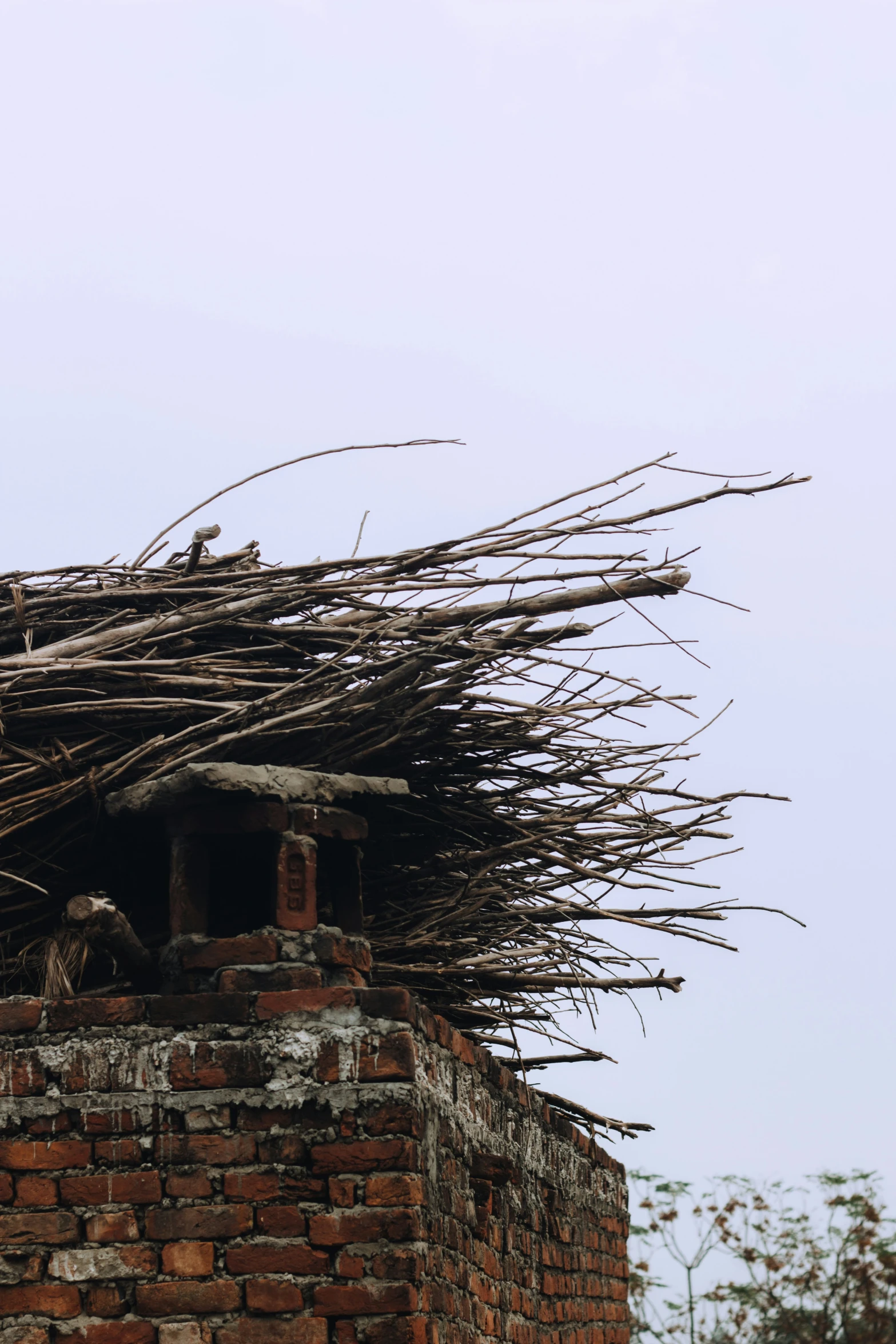 an old brick building with large sticks covering the roof