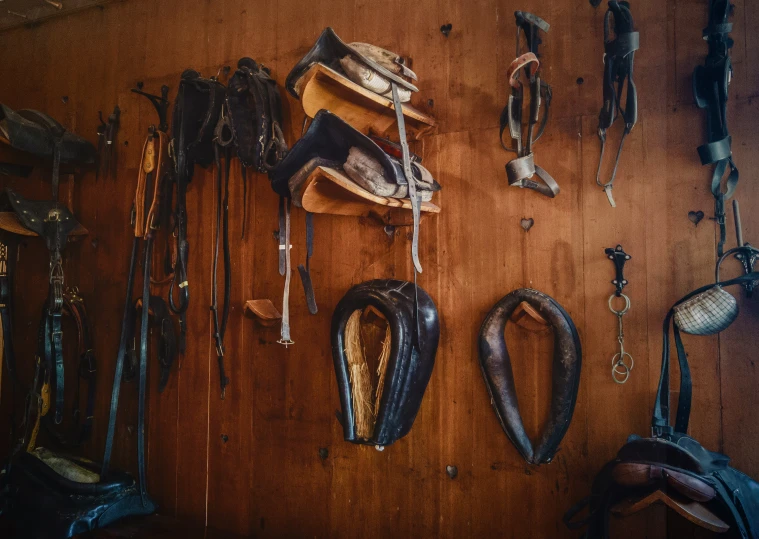 a wall of shoes, gloves and hair brushes