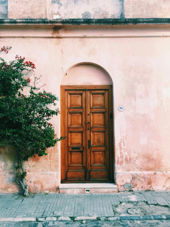 a wooden door on a light tan brick building