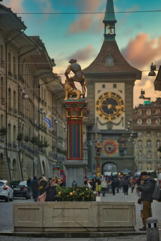 a street view with some people walking around