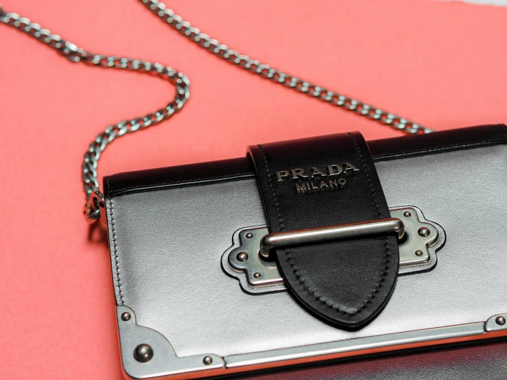 a silver purse that has black trim around the top