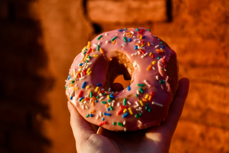 someone holding a donut with sprinkles and pastel