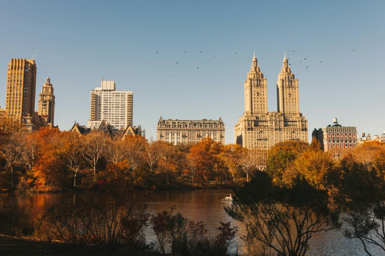 a view of the city's skyscrs and river with trees on either side