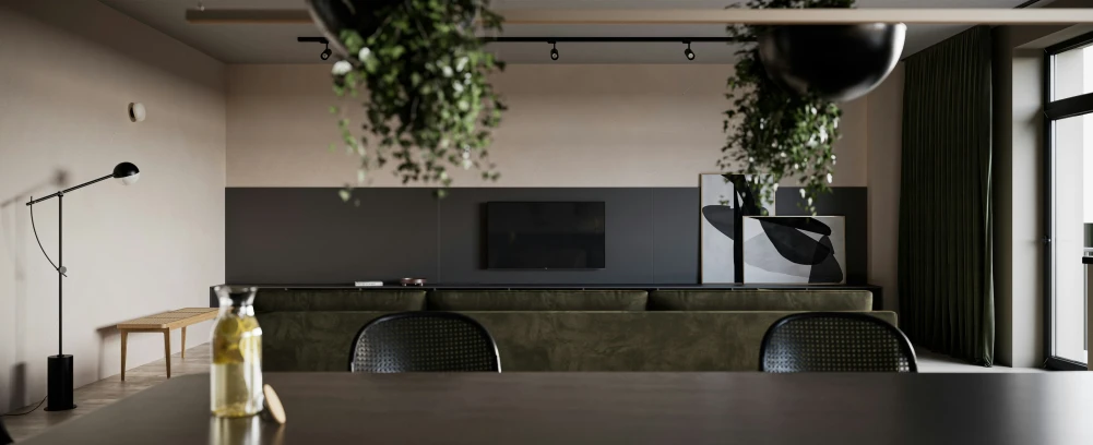 a view of an elegant dining room and television