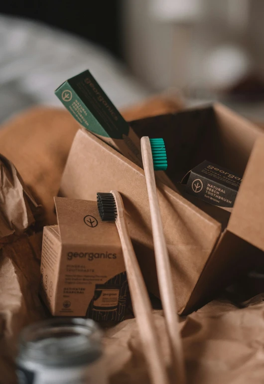 two toothbrushes are sitting in brown boxes on a bed