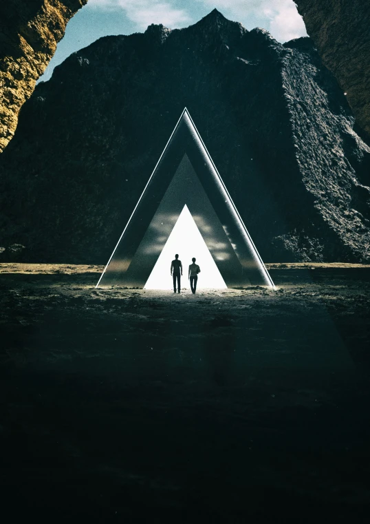 two people are standing in the shadow of a large triangle