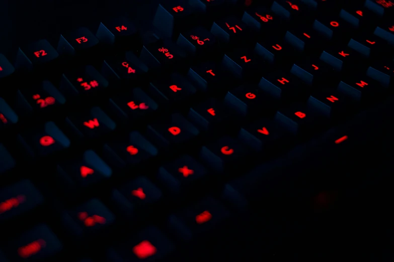 the black keyboard has red glowing words on it