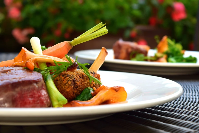 a plate of beef and vegetable dish with a salad in the background