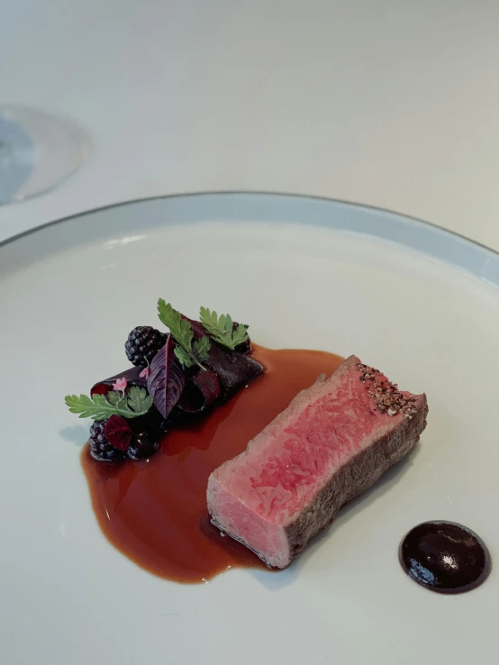 piece of meat, fruit and brown sauce on a white plate