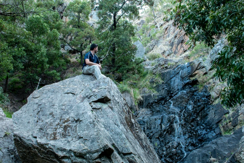 a man sitting on top of a rock next to some trees