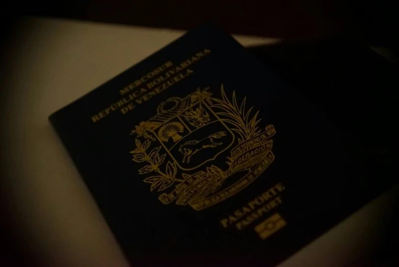 a golden colored passport on a dark surface