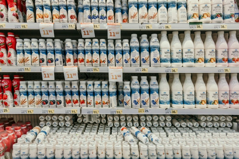 a shelf filled with lots of dairy products