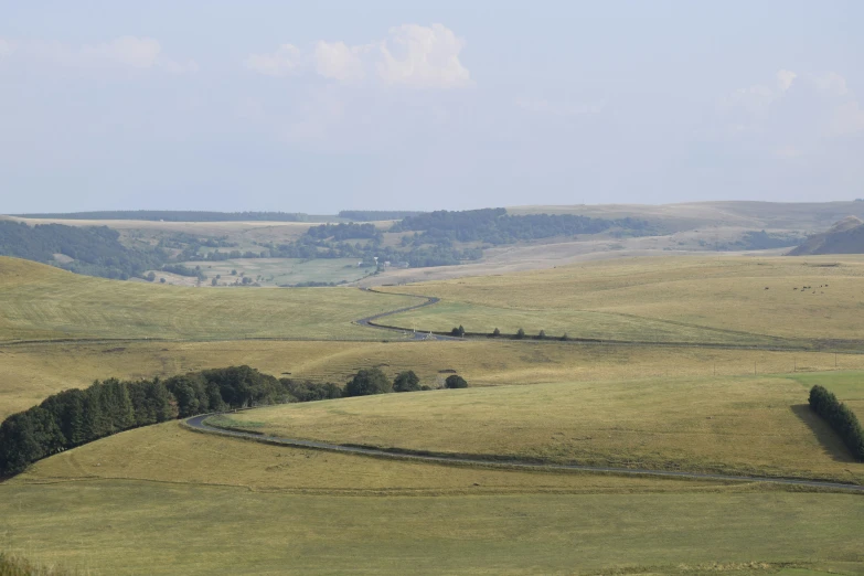 a road in a grassy hilly area with trees