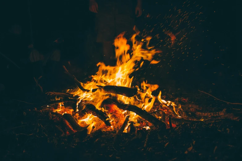 a fire is shown on the ground in the dark