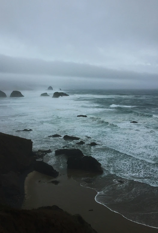 the ocean is calm but foggy and dark