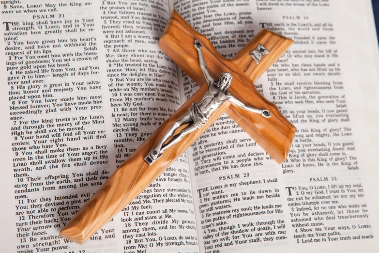 a wooden crucifix on top of an open bible