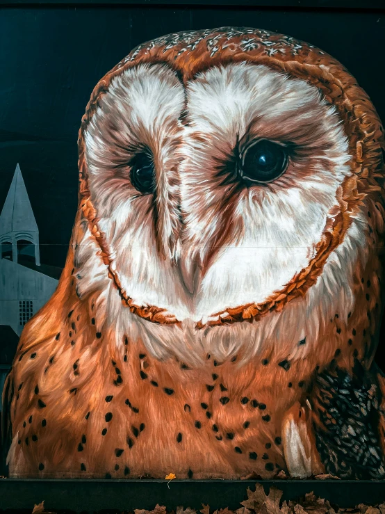 an owl sits in front of a building