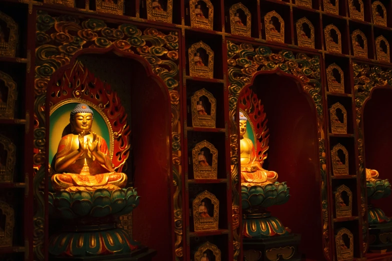 two statues of buddhas are in a liry