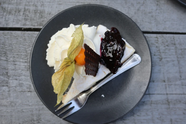 a plate with pastry on top of a wooden table