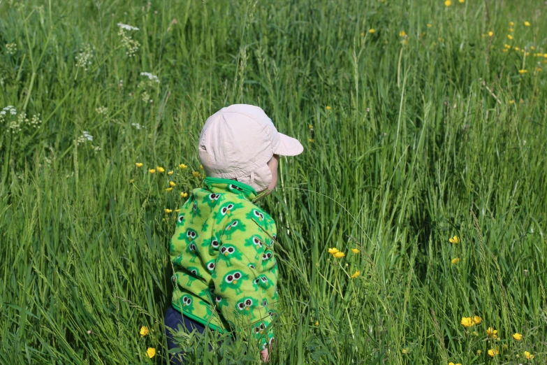 a small child is in tall grass and wears a green outfit