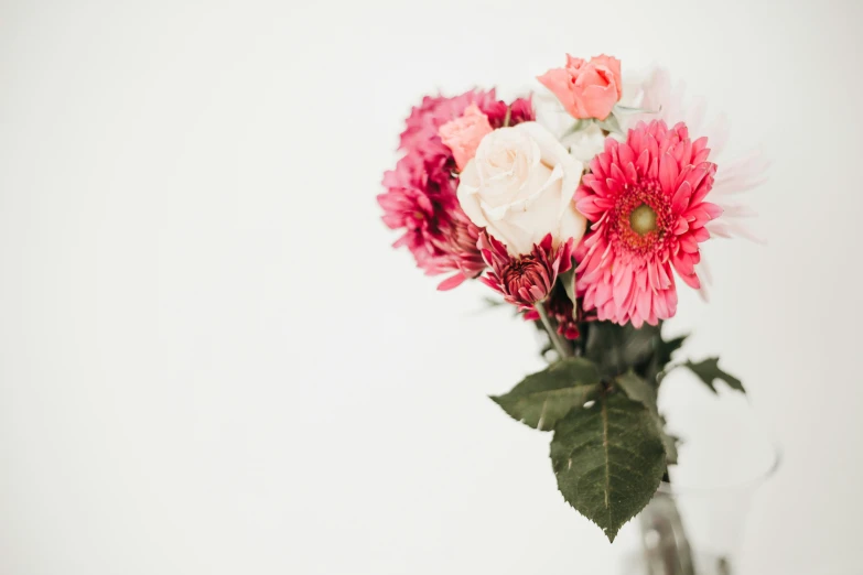 pink and white flowers sit in a clear vase