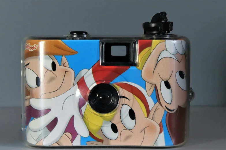 an analog camera with cartoon character and colored background