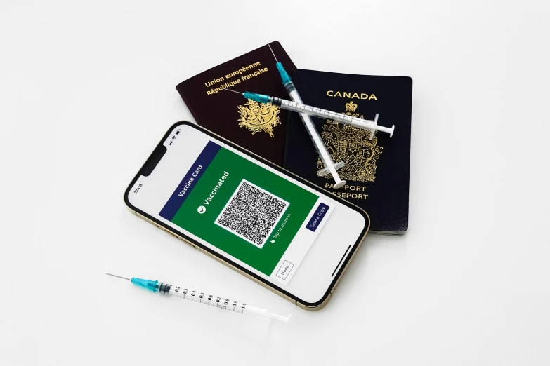 some travel and luggage documents are next to a smartphone