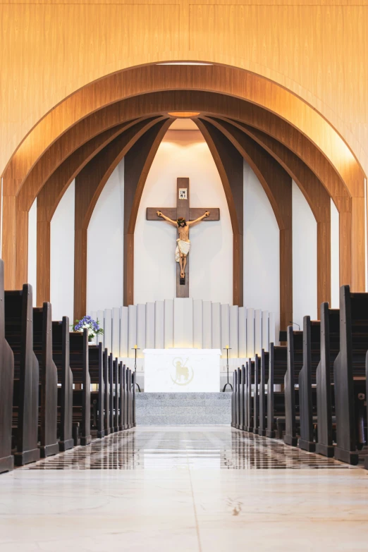 a po looking down the aisle of a church