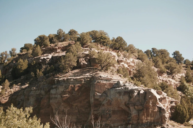 a very small mountain with some trees on top