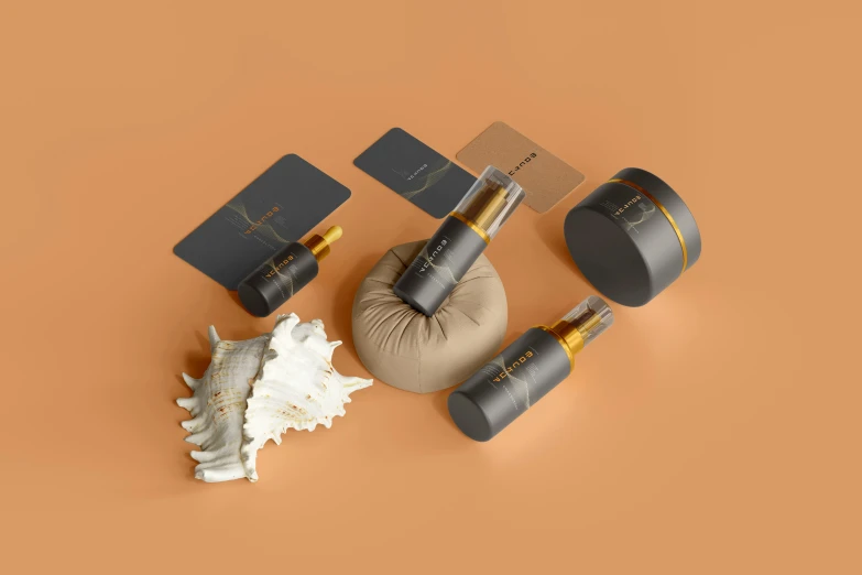 a group of different items on an orange surface