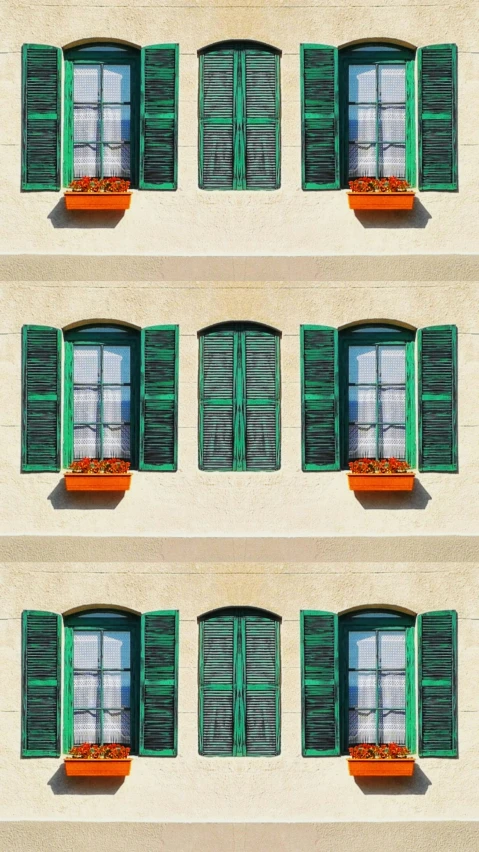 multiple windows with green wood shutters and white stucco walls