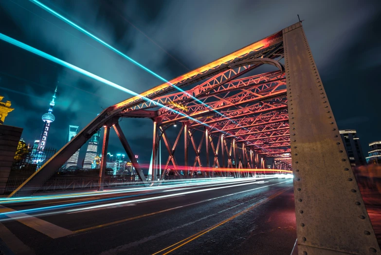 street lights streak across a large bridge in a city