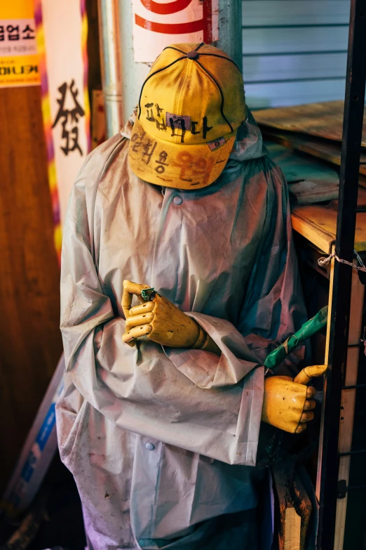 a sculpture of a man in a hazmat with writing on his head and arms